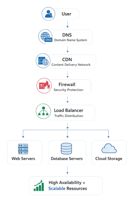 Cloud hosting infrastructure architecture from DNS to scalable resources