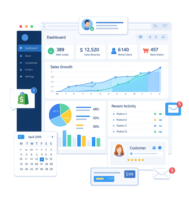 web application dashboard showing analytics and business modules